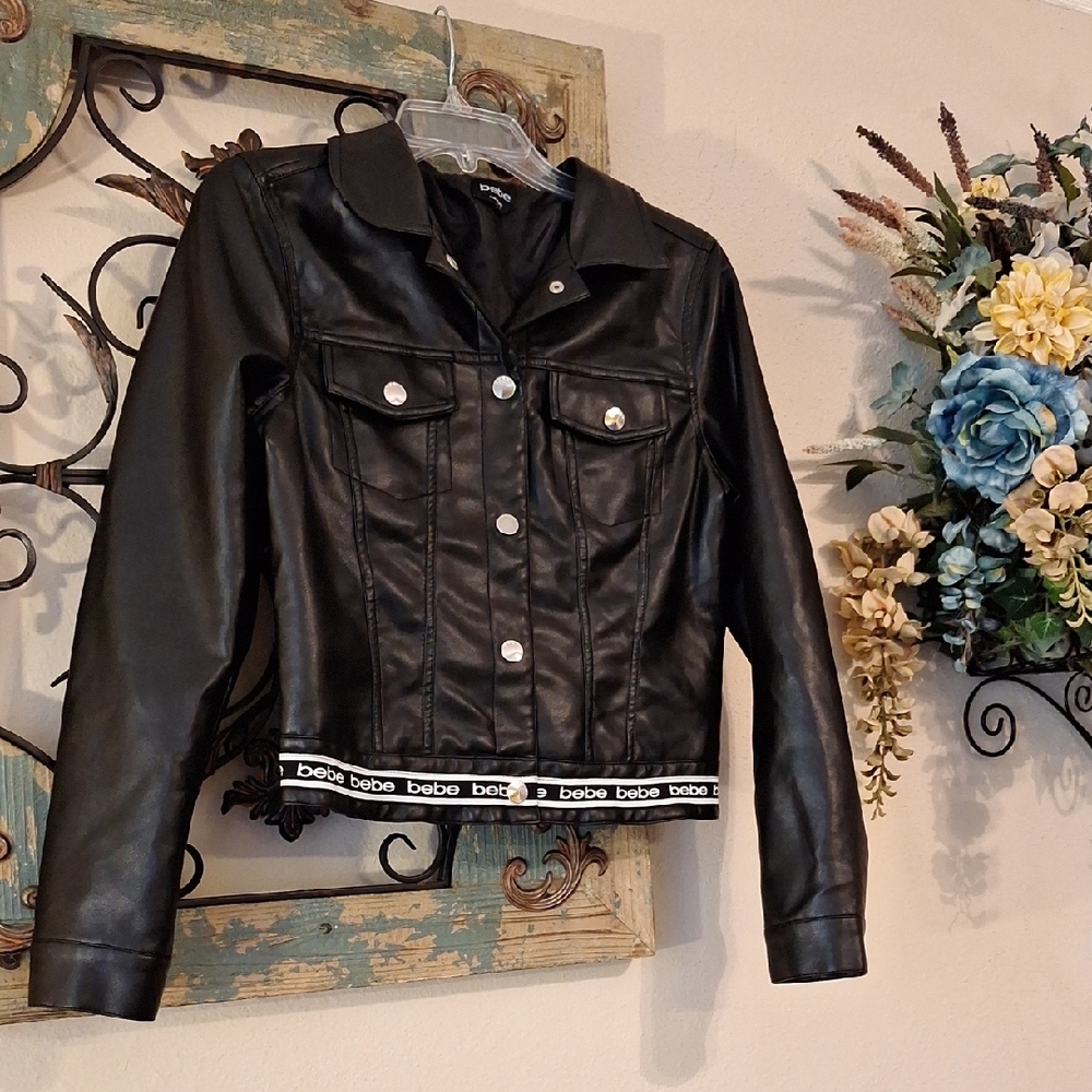 Bebe Black Faux Leather Jacket with Logo. Excellent Condition NWOT Size SMALL